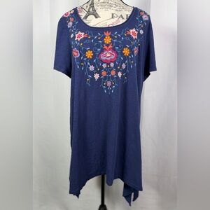 Terre Bleue bohemian-inspired Floral Embroidered blue Tunic Top Size L